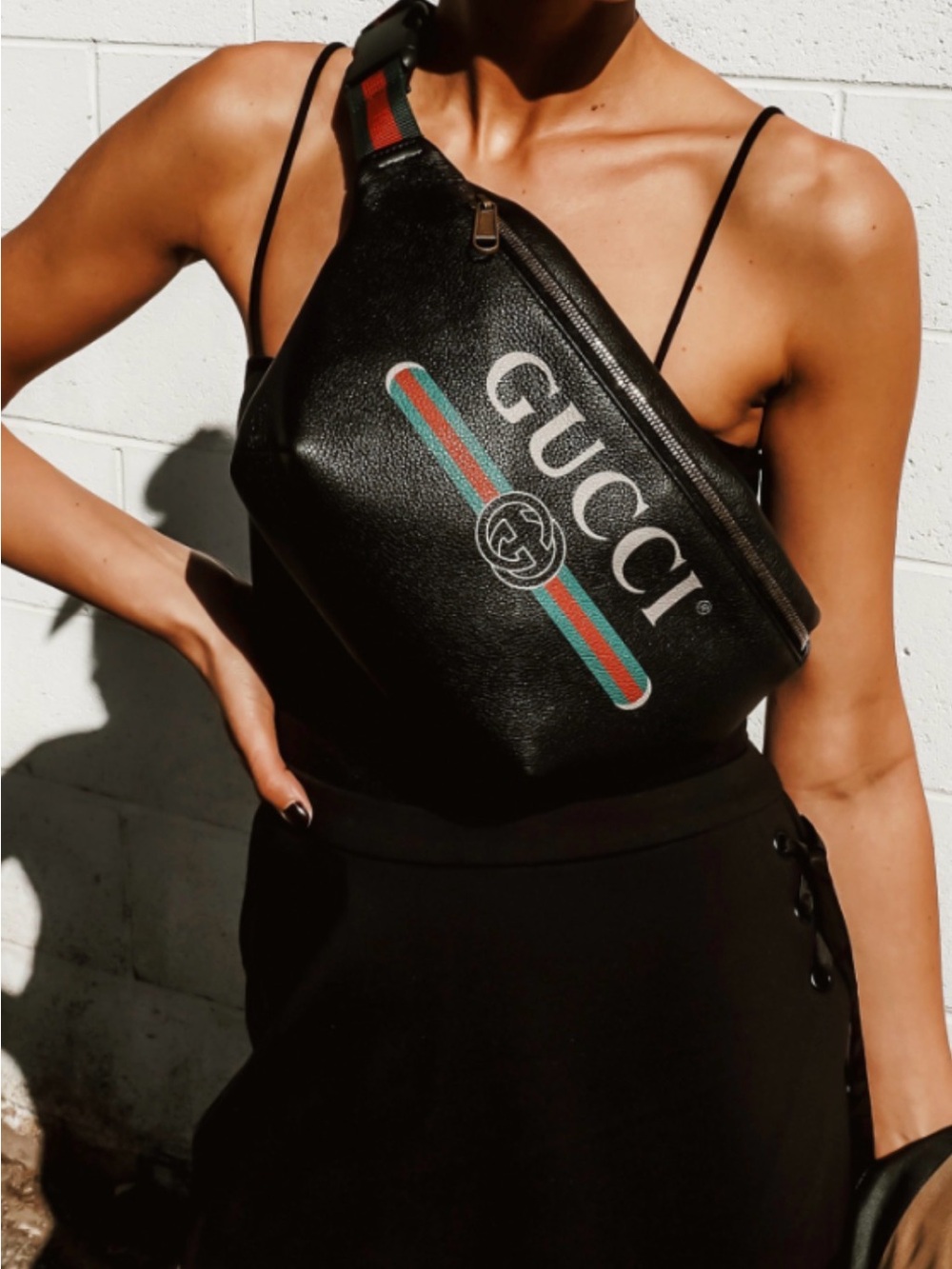 Gucci Black Leather Crossbody Belt Bag with Teal and Red Web Detail